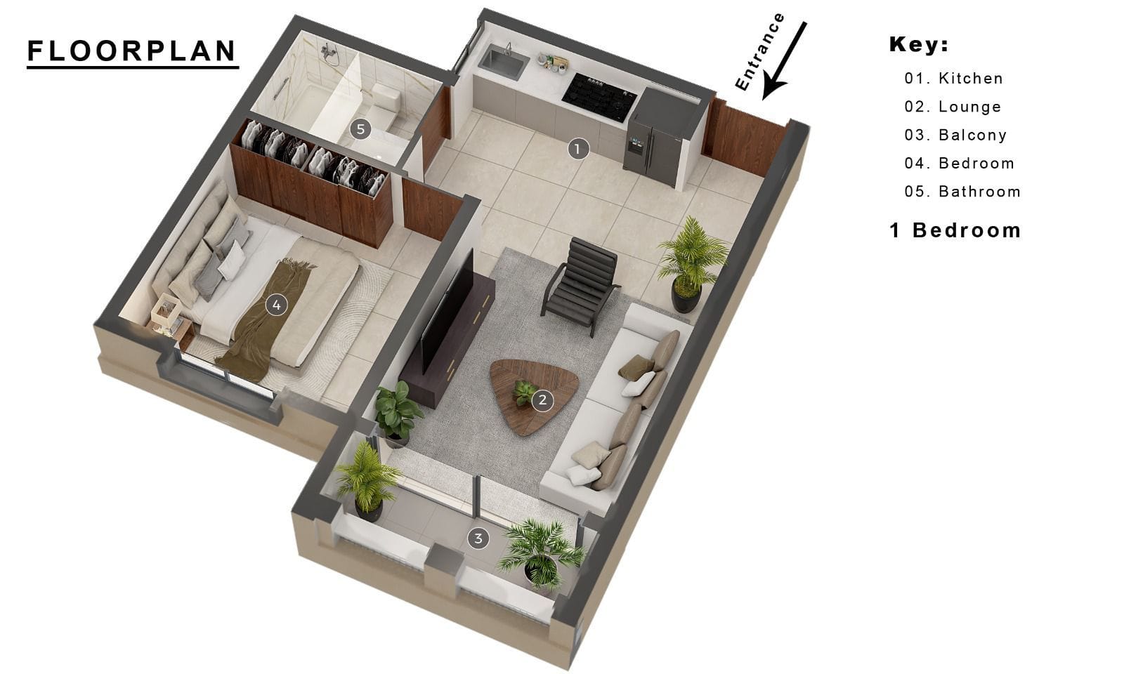 Three-dimensional floor plan of a 600 square foot one bedroom apartment at Moorings Seaview Residence, numbered: 1 kitchen, 2 lounge, 3 balcony, 4 bedroom, 5 bathroom, with the entrance at the top right.
