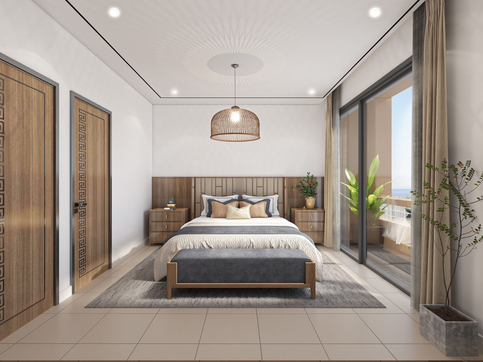 Render of a main bedroom in a Moorings Seaview Residence apartment, with a timber headboard, rattan pendant light and full-height sliding doors opening onto a balcony with a sea view.