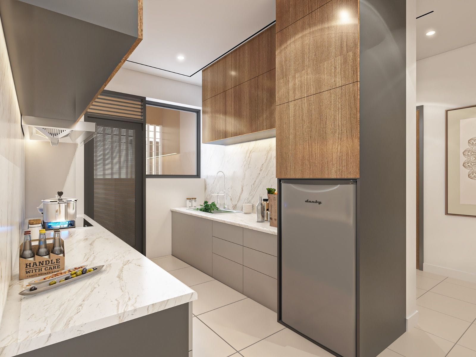 Render of a fitted kitchen in a Moorings Seaview Residence apartment, with timber upper units, a marble backsplash and worktop, and an island with a hob.