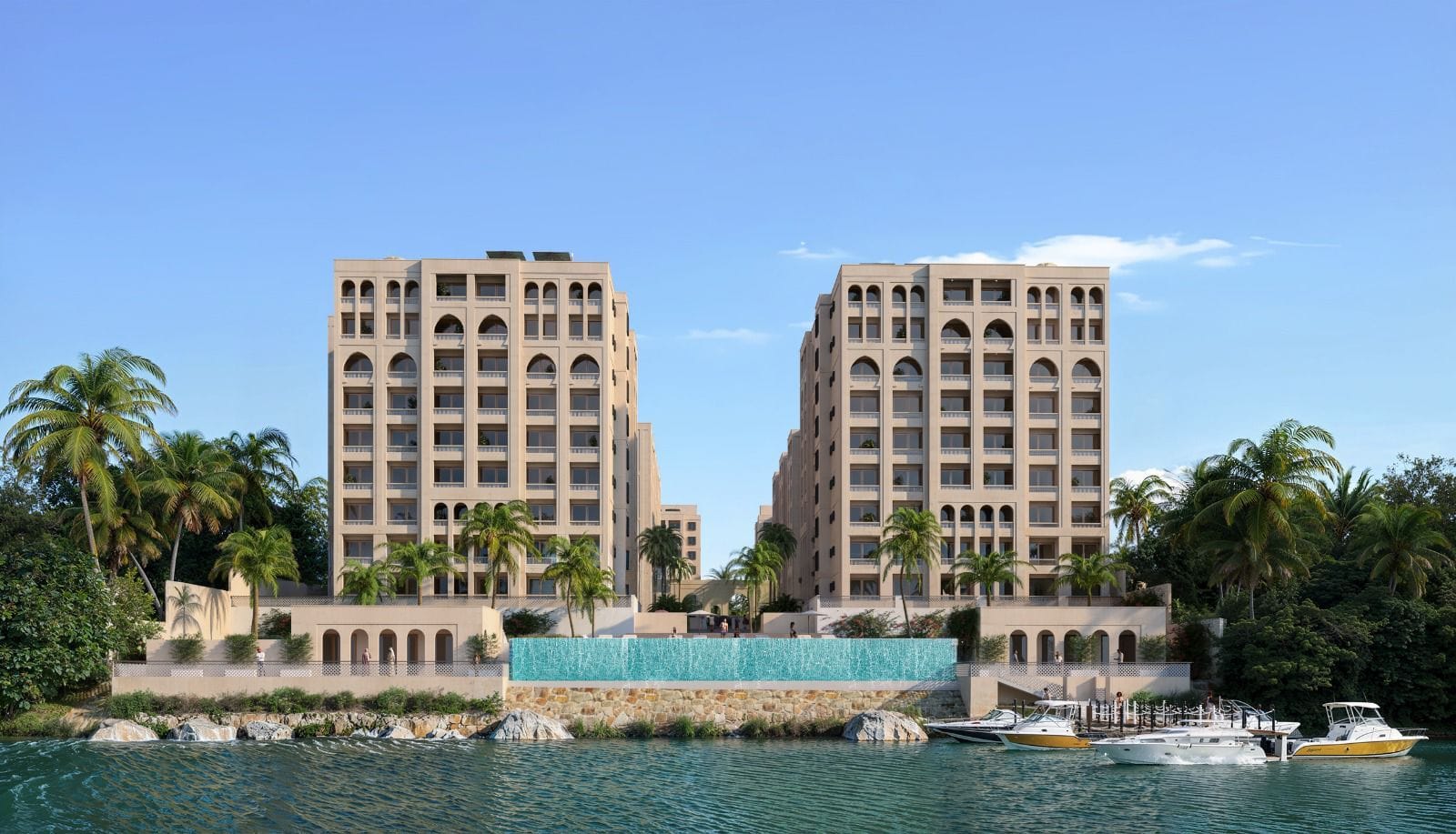 Architectural render of Moorings Seaview Residence seen from Mtwapa Creek: two eight-storey sandstone apartment blocks with arched balconies, framed by palm trees, above an infinity pool and a private jetty with moored boats.